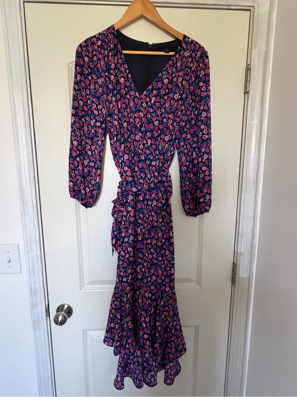J. Crew Navy Maxi Wrap Dress with Pink Floral Print